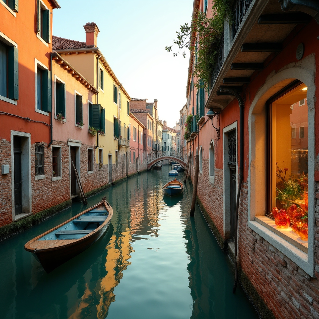Veduta del canale di Murano con edifici storici e barche veneziane