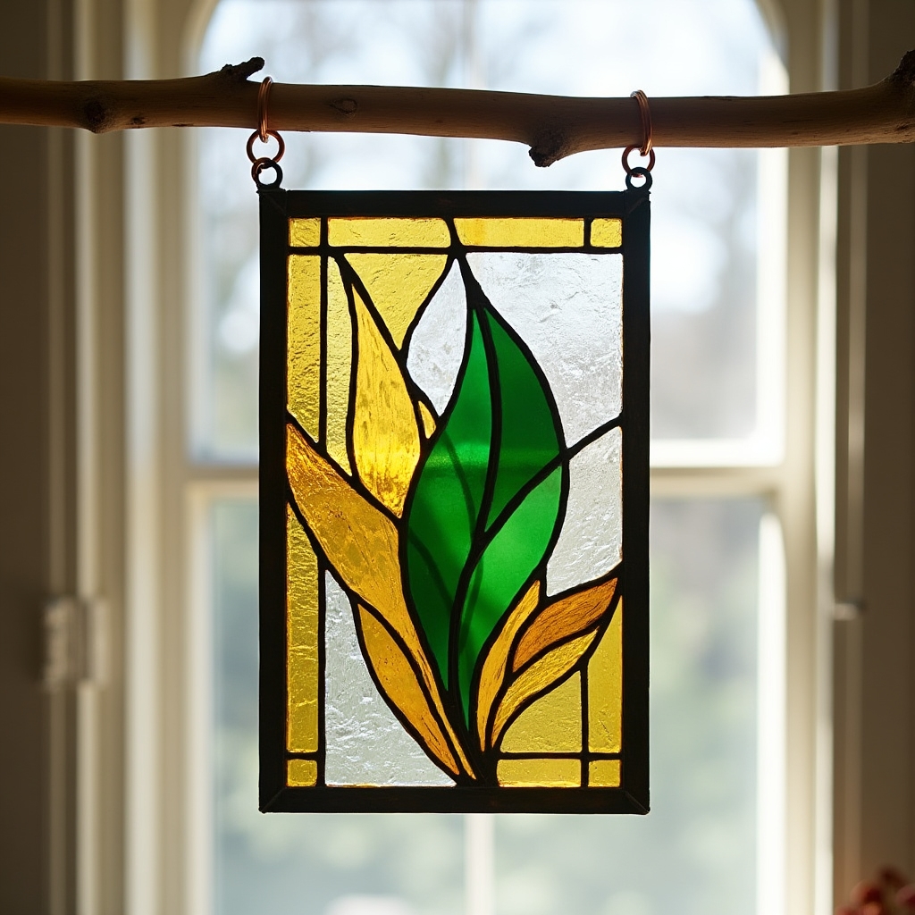 Pannello decorativo Tiffany completato appeso alla finestra con luce che filtra attraverso i vetri colorati
