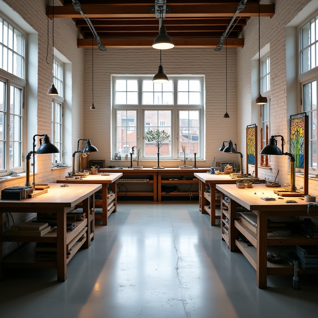 Vista generale dello spazio del laboratorio con tavoli da lavoro e attrezzature per vetro Tiffany