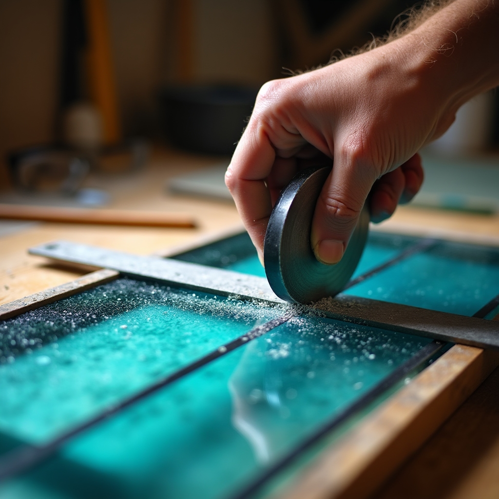Tagliavetro in uso su un foglio di vetro colorato azzurro