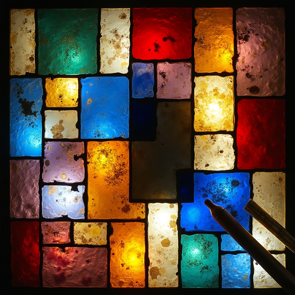 Assortimento di vetri colorati Tiffany disposti su un tavolo luminoso